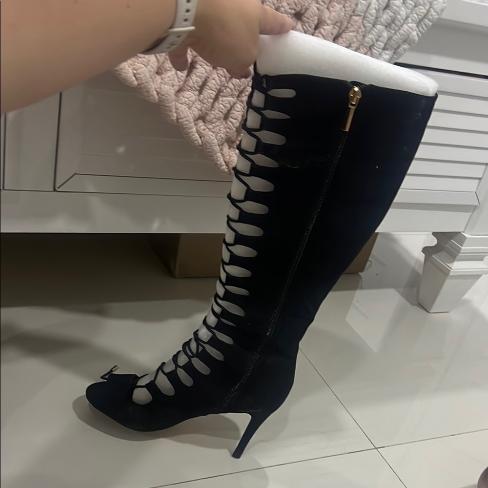 Thalia Sodi Black Heeled Boots with Lace-Up Detail
